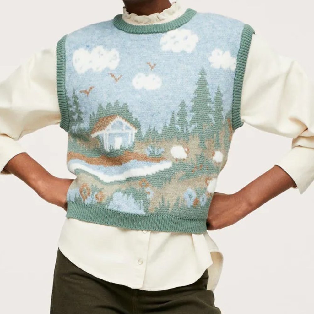 Mango Blue and Green Scenic Sweater Vest
